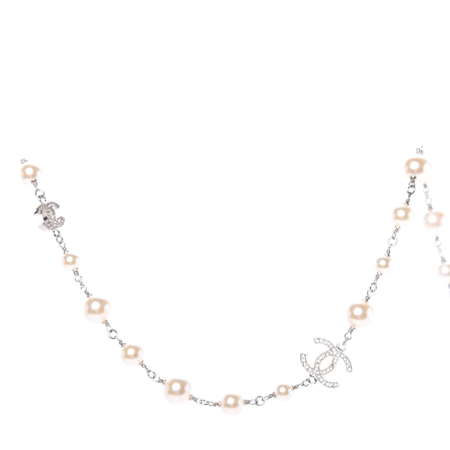 Crystal Pearl CC Long Necklace Silver
