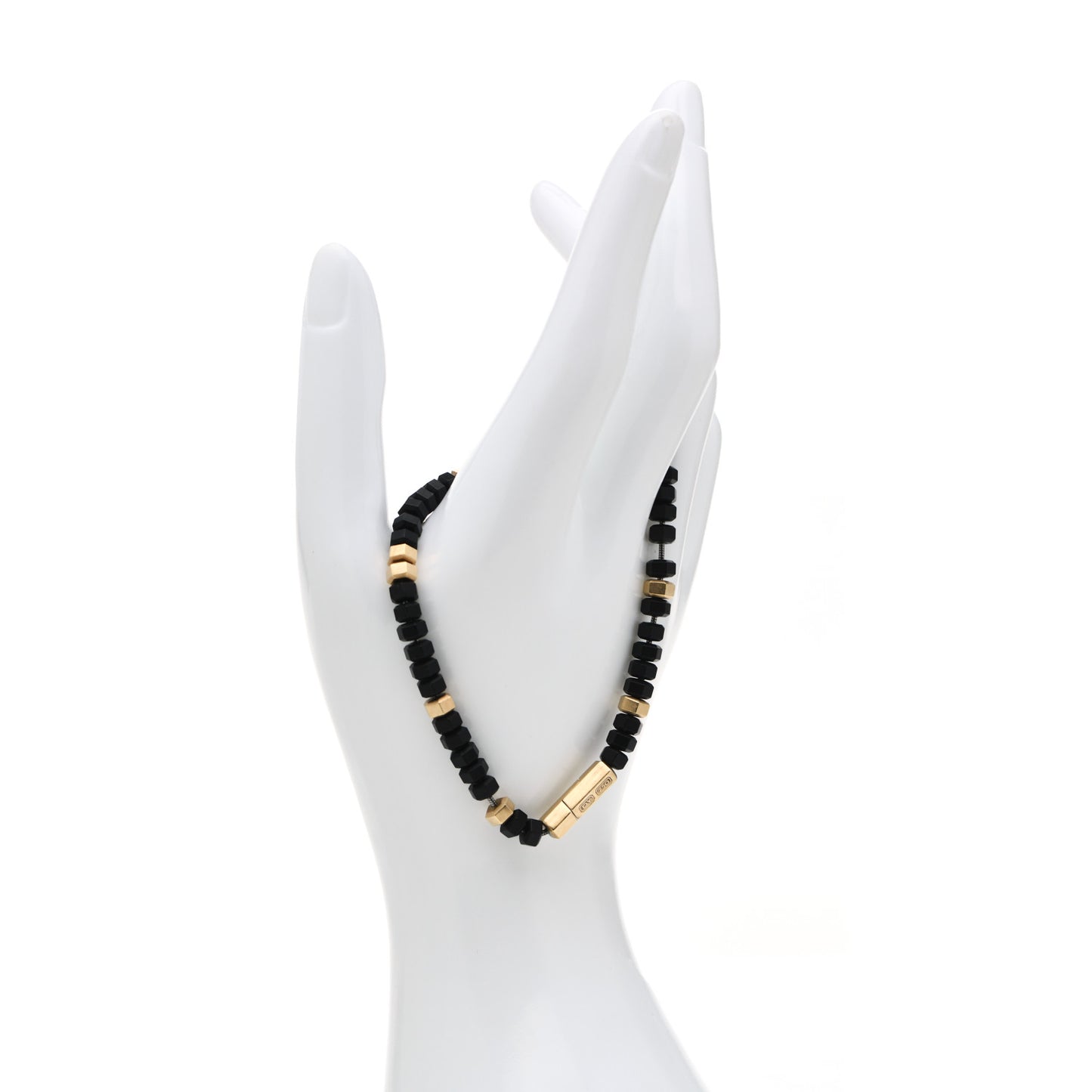 18K Yellow Gold Rubber Mens Hex Bead Bracelet Black