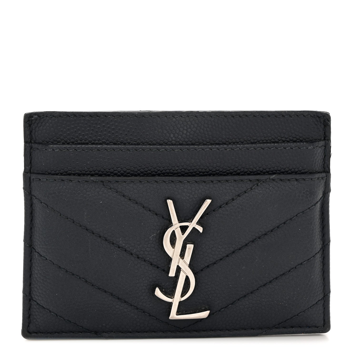 Saint Laurent Grain De Poudre Matelasse Chevron Monogram Credit Card Case Navy 1 of 7