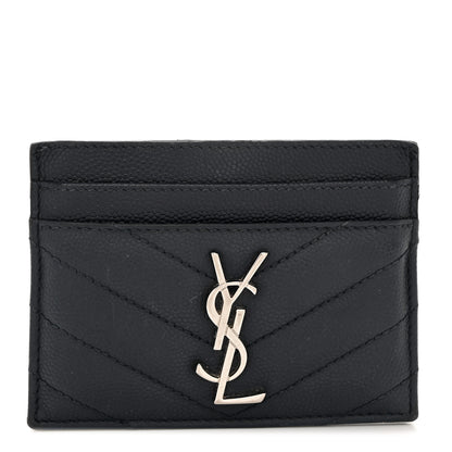 Saint Laurent Grain De Poudre Matelasse Chevron Monogram Credit Card Case Navy 1 of 7