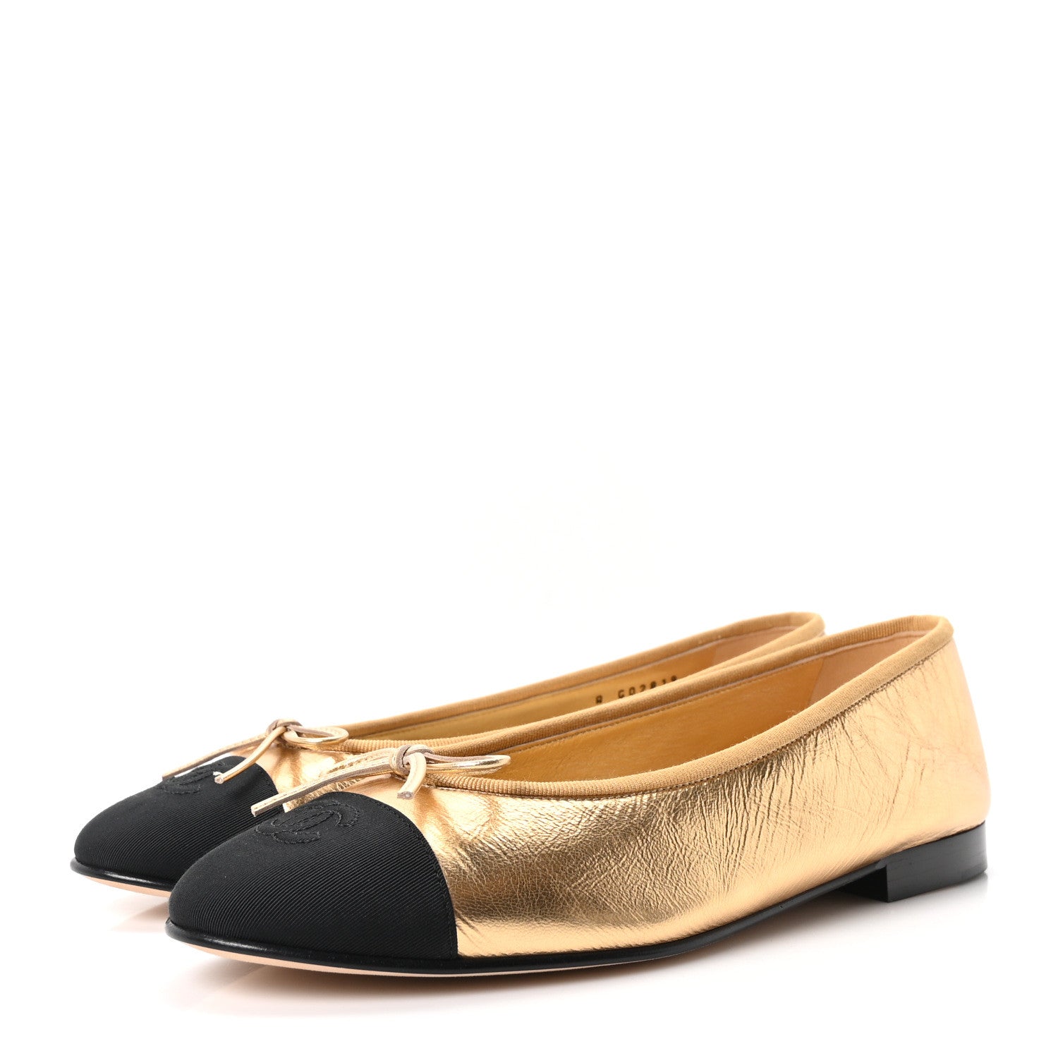 Chanel Laminated Crumpled Lambskin Grosgrain Cap Toe CC Ballerina Flats 39 Gold Black 4 of 10