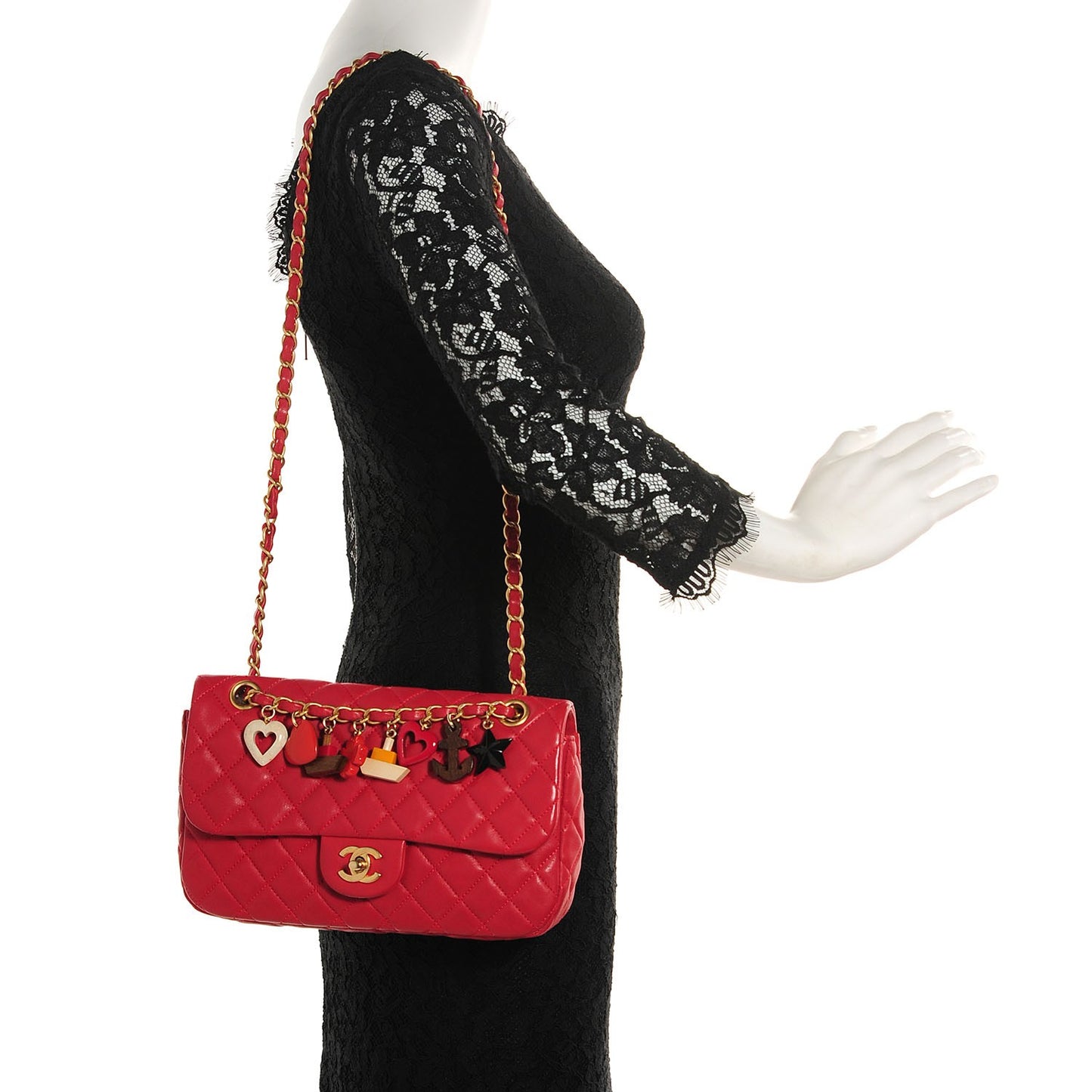 Lambskin Quilted Medium Cruise Charm Flap Red