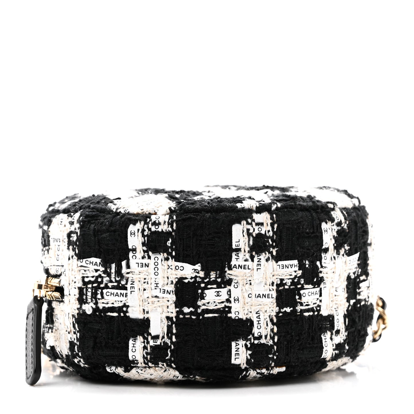 Tweed Quilted Round Clutch With Chain Black Ecru White
