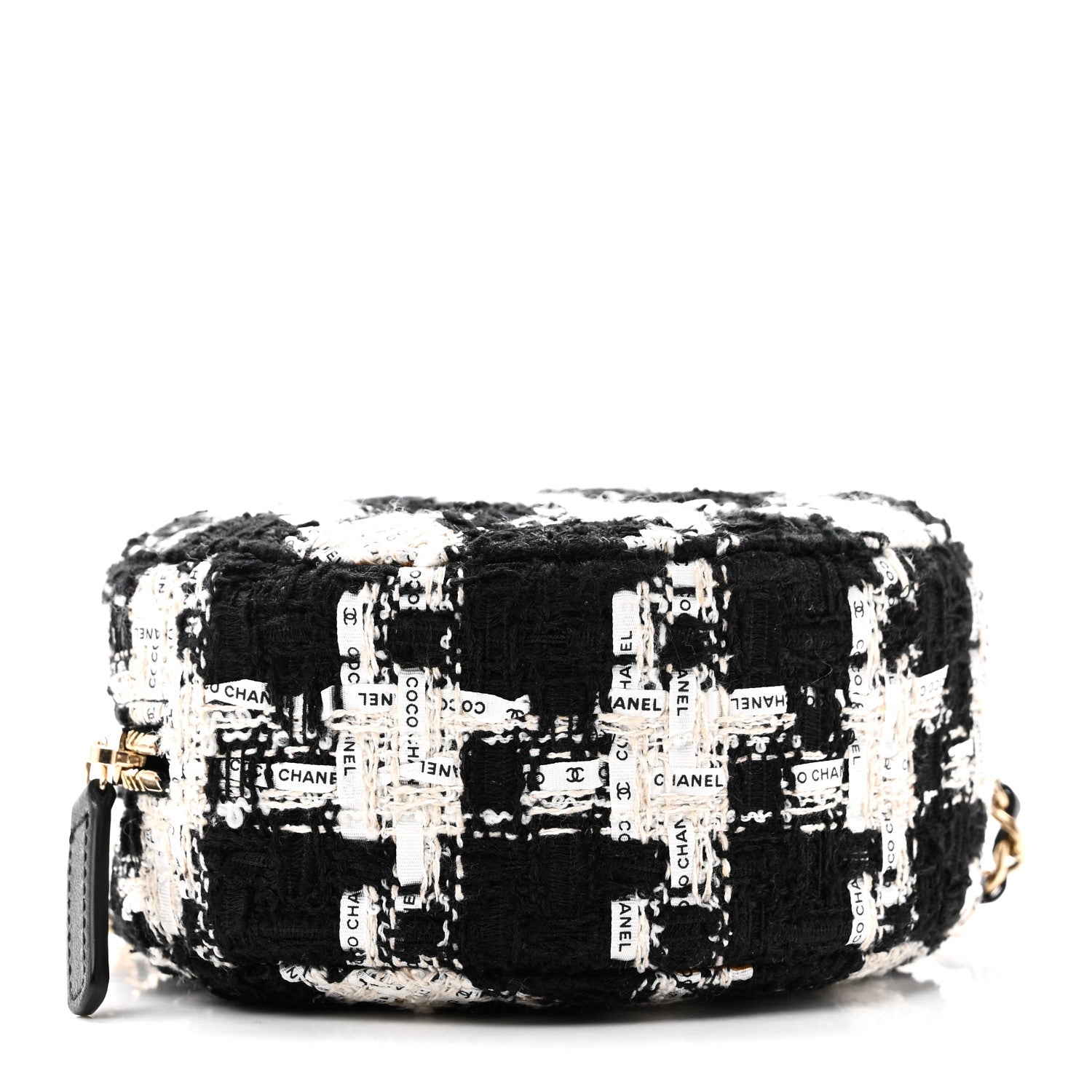 Chanel Tweed Quilted Round Clutch With Chain Black Ecru White 4 of 10