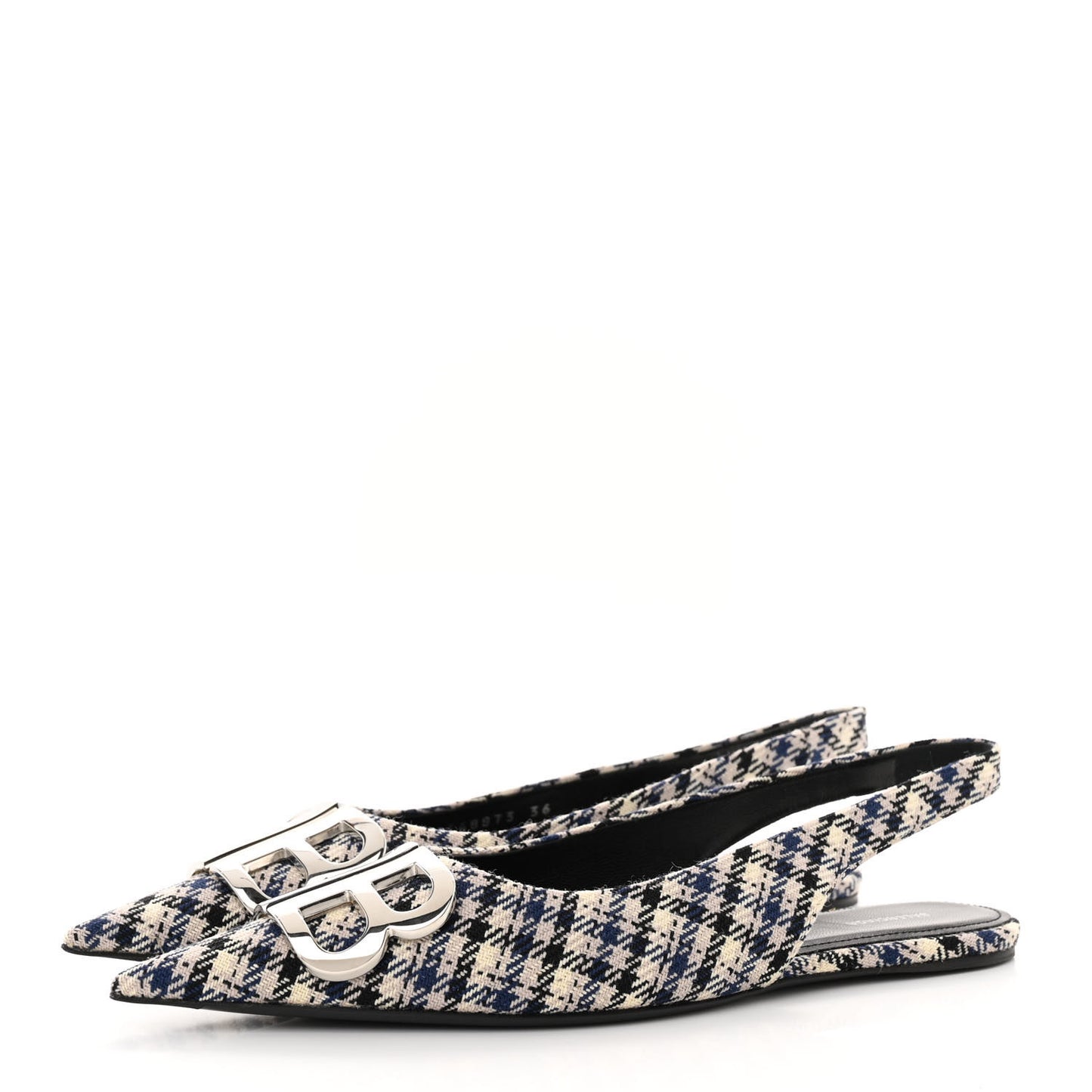 Tweed Prince Of Wales BB Knife Pointy Toe Slingback Flats 36 Beige Navy Silver