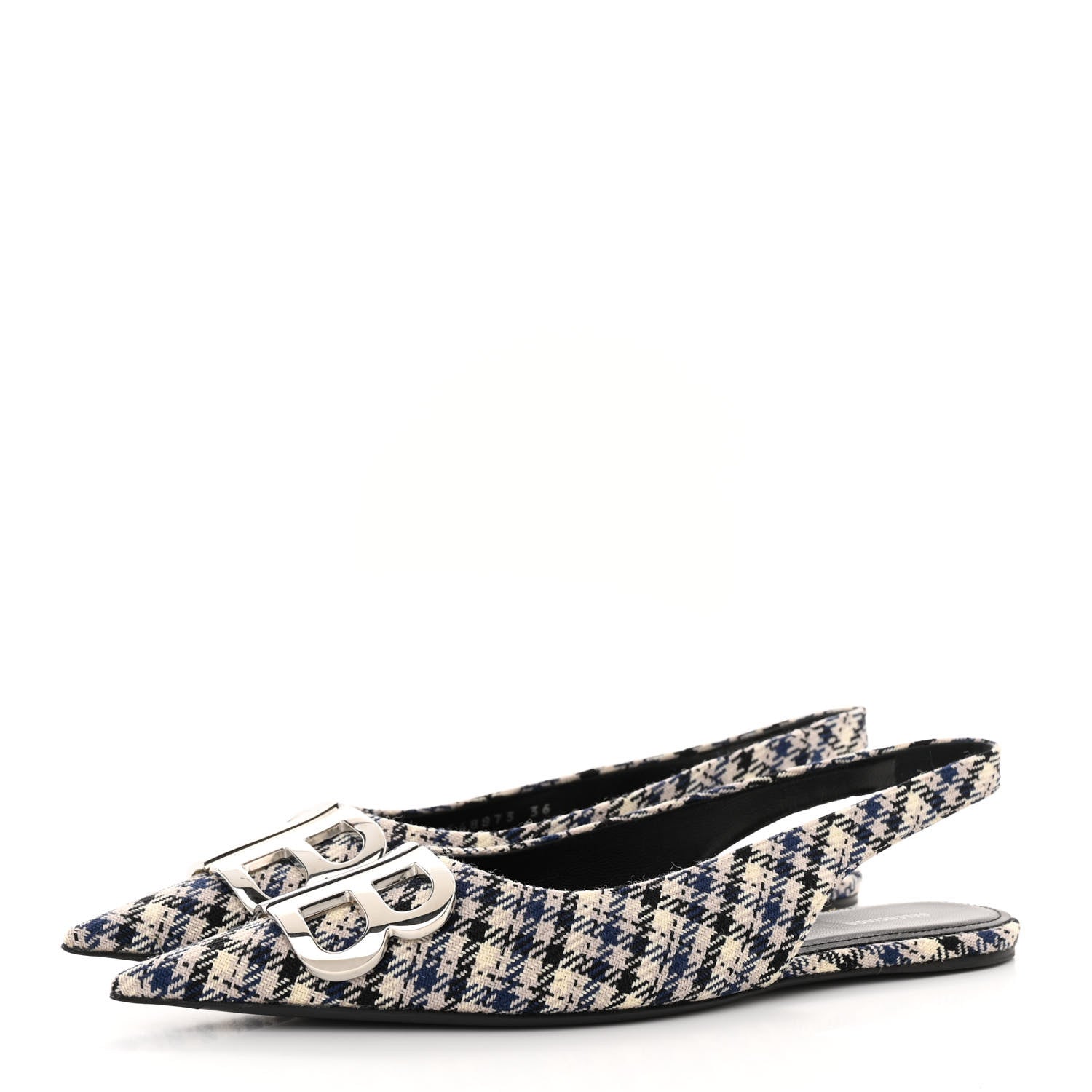 Balenciaga Tweed Prince Of Wales BB Knife Pointy Toe Slingback Flats 36 Beige Navy Silver 3 of 12