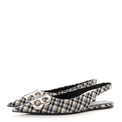 Balenciaga Tweed Prince Of Wales BB Knife Pointy Toe Slingback Flats 36 Beige Navy Silver 3 of 12
