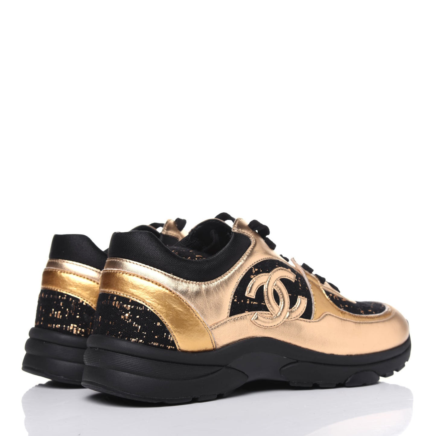 Satin Lambskin Fabric Tweed CC Sneakers 39 Gold Black