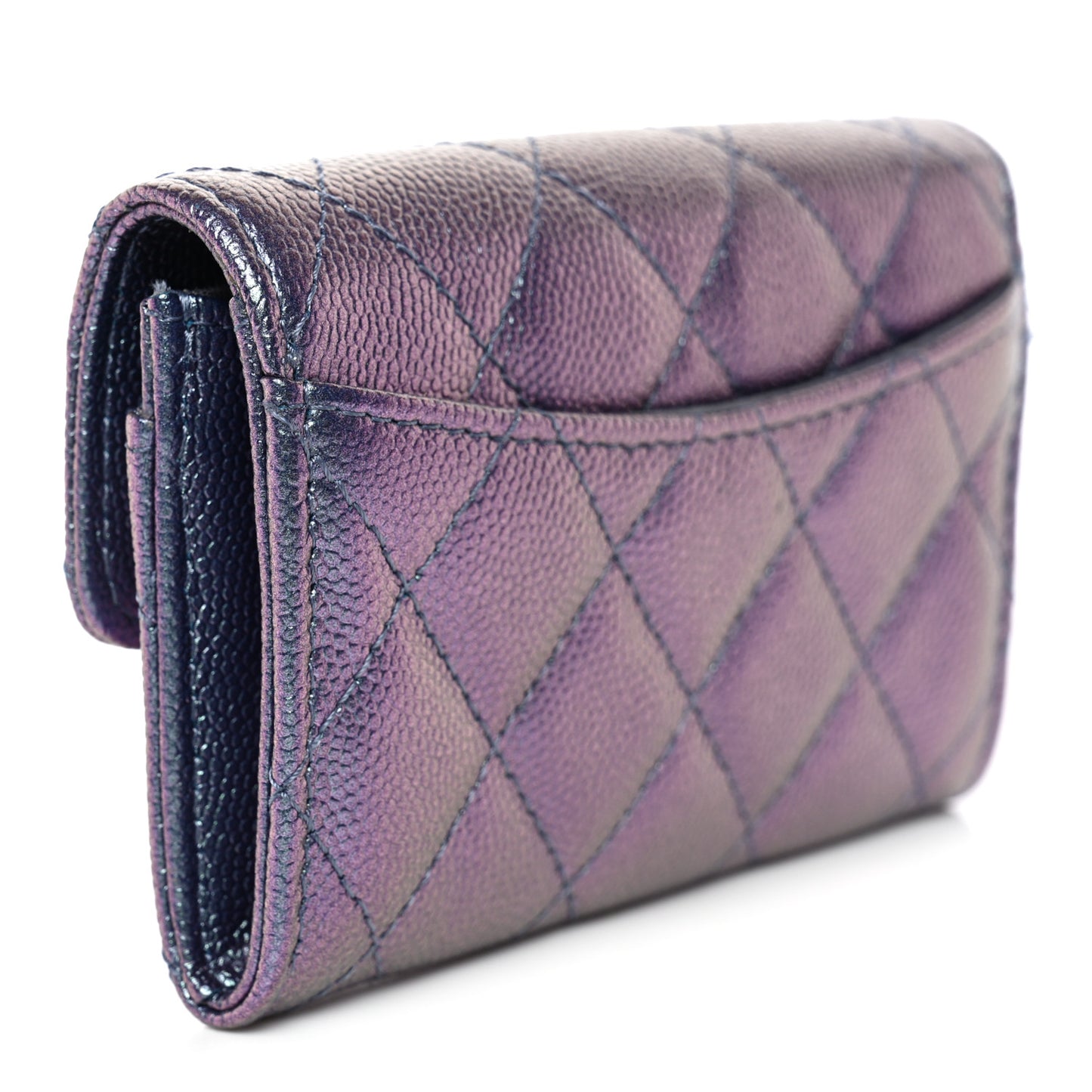 Iridescent Caviar Flap Quilted Card Holder Wallet Purple
