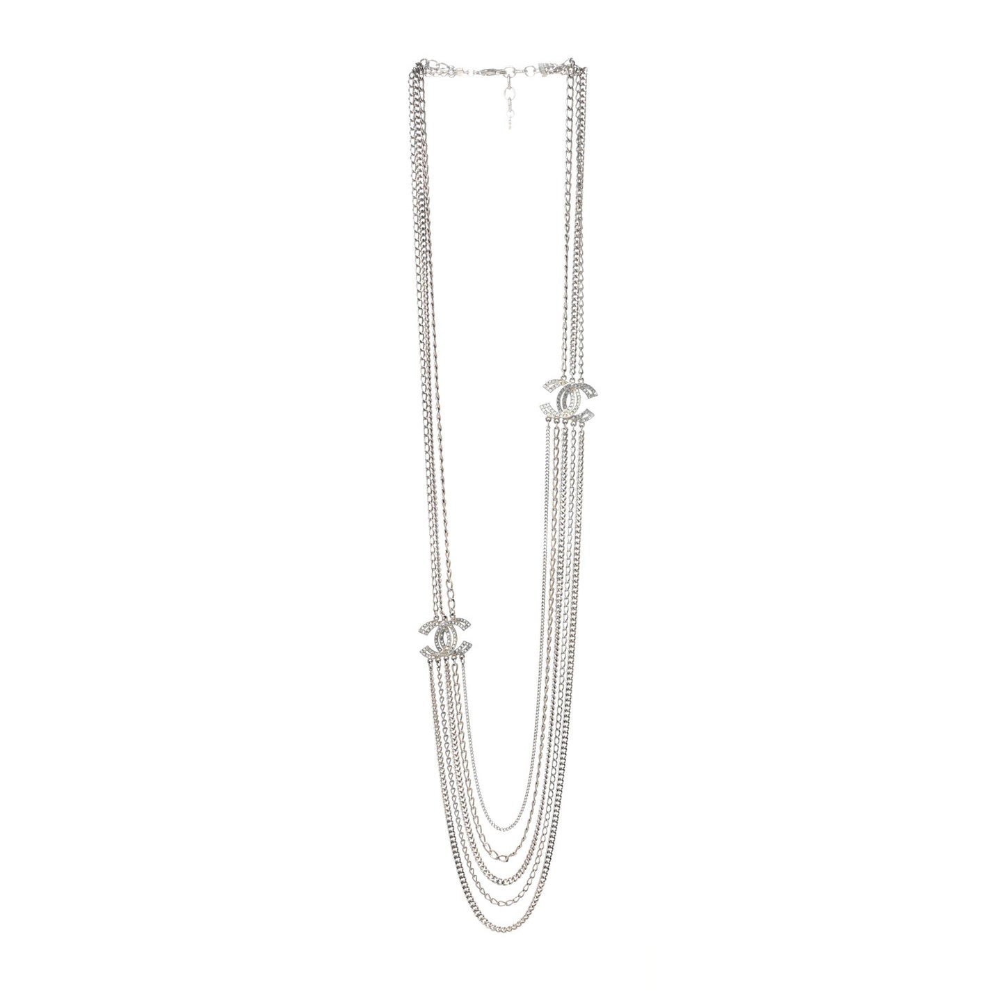 Crystal CC Multi Strand Long Chain Necklace Silver