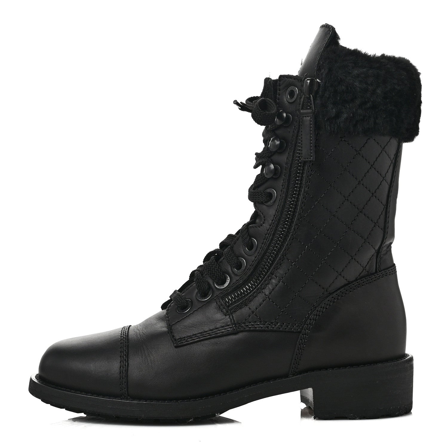 Chanel Calfskin Quilted CC Tall Lace Up Combat Boots 37 Black 1 of 6