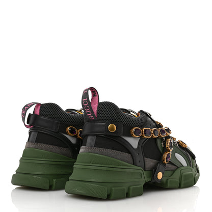 Gucci X SEGA Mesh Suede Calfskin Removable Crystals Mens Flashtrek Sneakers 12 Loess Black Olive Green 5 of 10