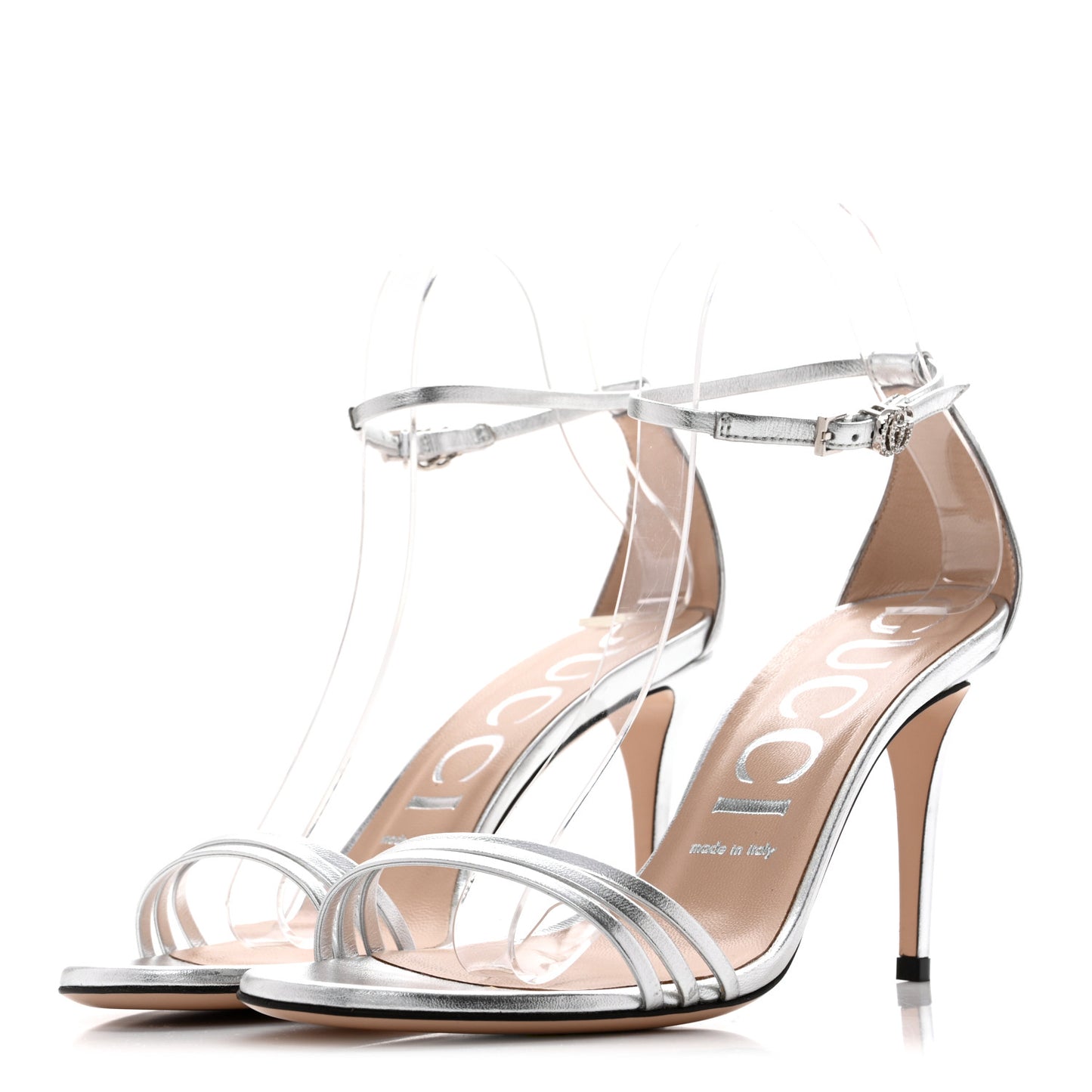 Nappa Silk Crystal GG Ankle Strap High Heel Sandals 38.5 Argento