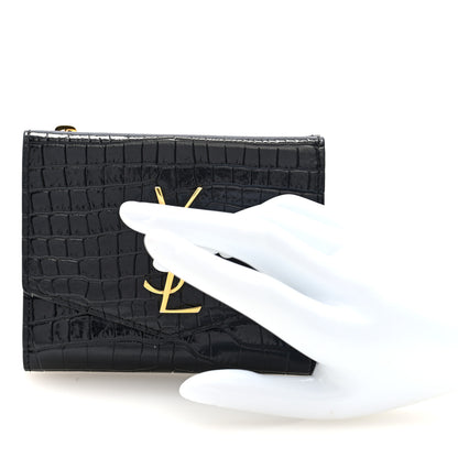 Saint Laurent Shiny Calfskin Crocodile Embossed Monogram Uptown Compact Wallet Black 2 of 7