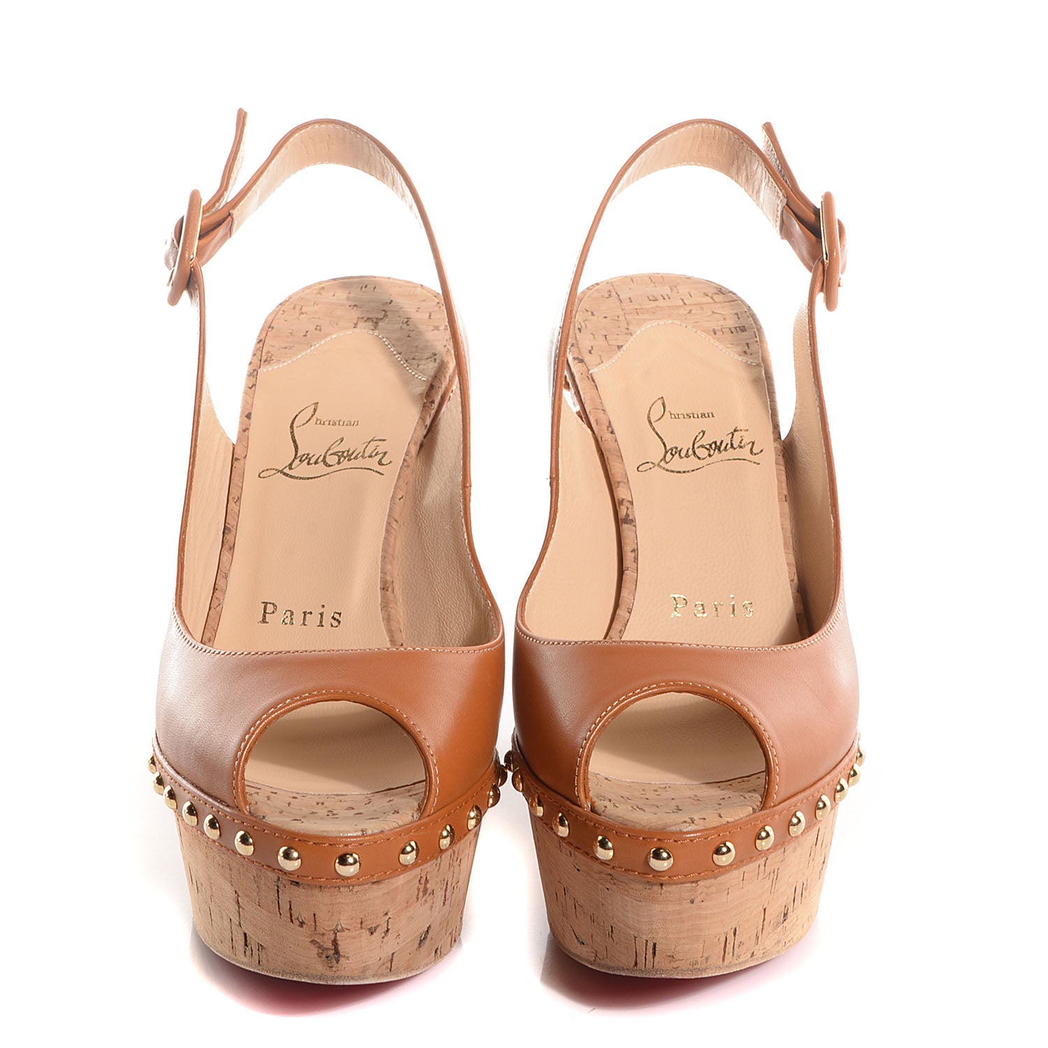 Christian Louboutin Calfskin Monico 100 Studded Cork Wedges 36.5 Fauve 2 of 7
