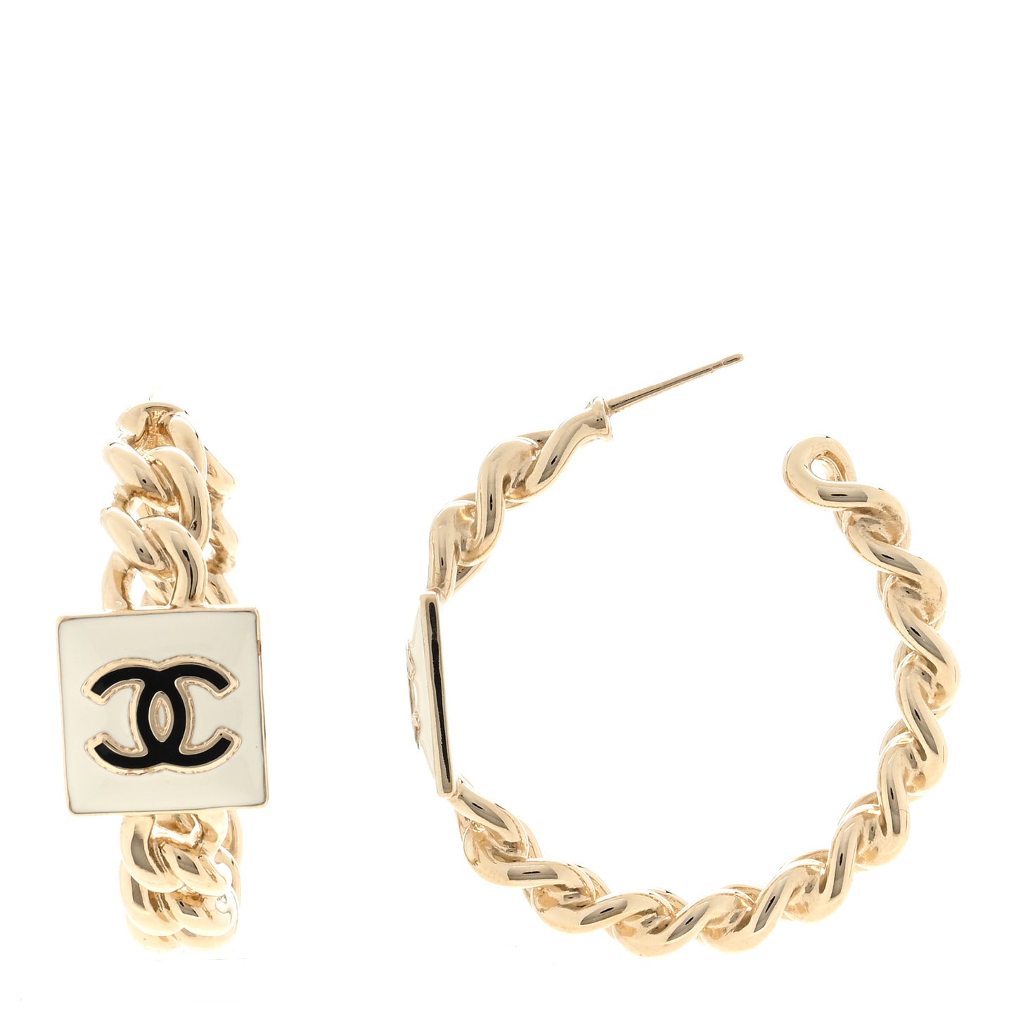 Metal Enamel CC Square Chain Hoop Earrings Gold White