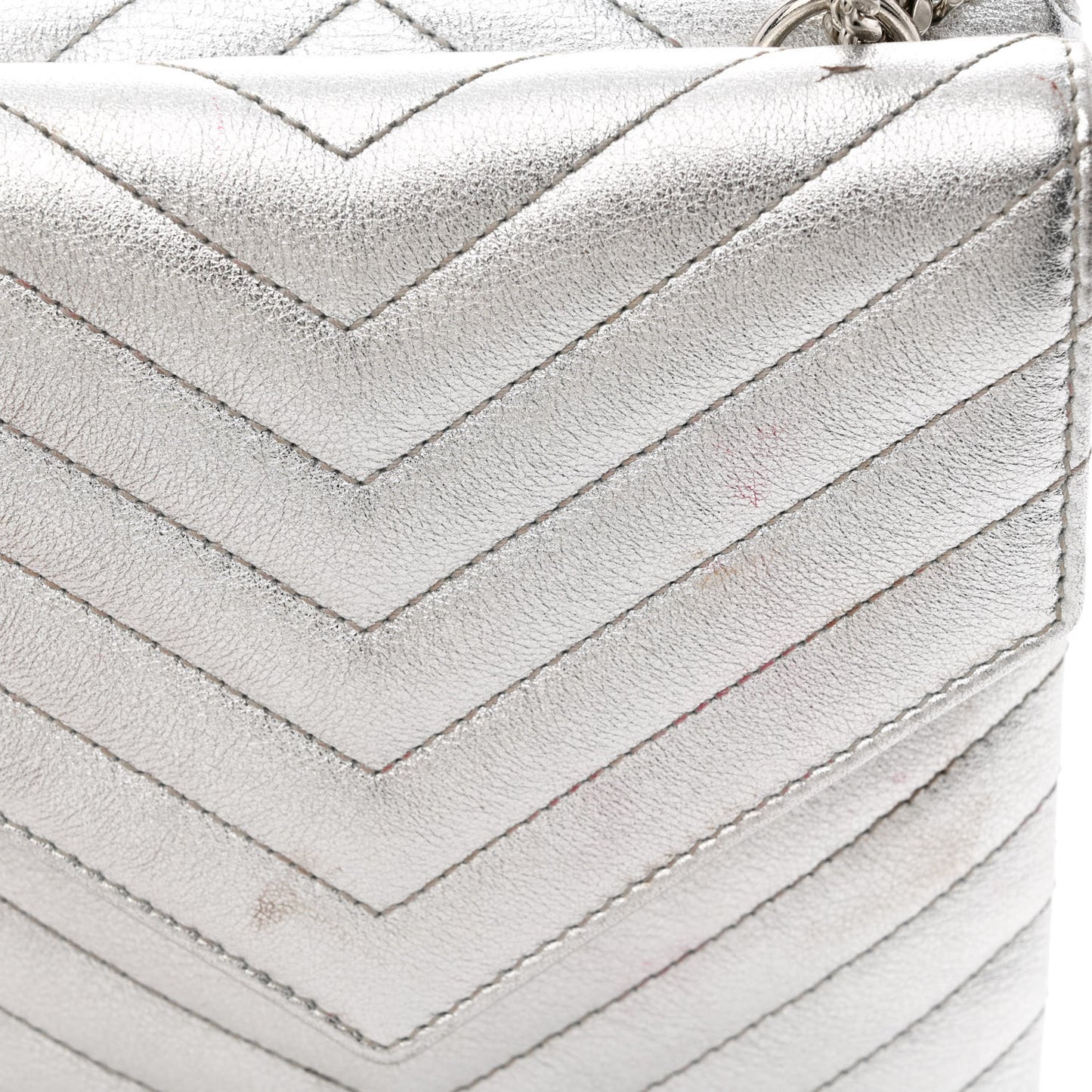 Metallic Lambskin Quilted Double Flap Bag Silver