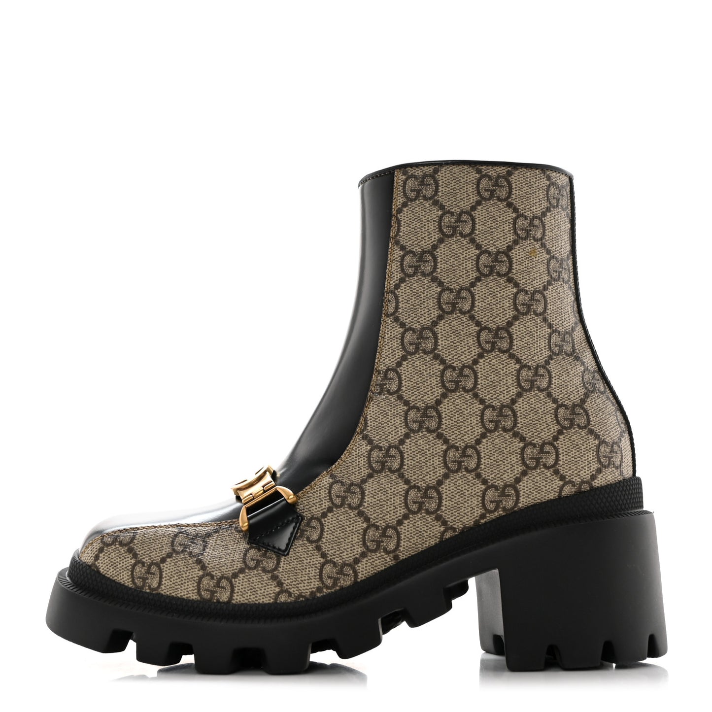 GG Supreme Monogram Magnum Calfskin Interlocking G Womens Lug Sole Ankle Boots 35.5 Beige Ebony Black
