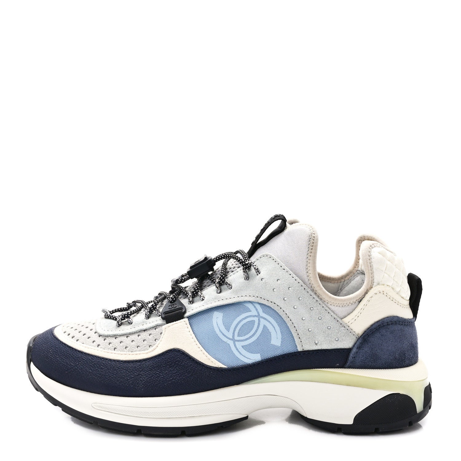 Chanel Fabric Suede Calfskin Mesh Womens CC Sneakers 39.5 Black Blue Ivory 1 of 10