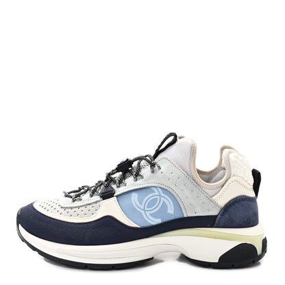 Chanel Fabric Suede Calfskin Mesh Womens CC Sneakers 39.5 Black Blue Ivory 1 of 10