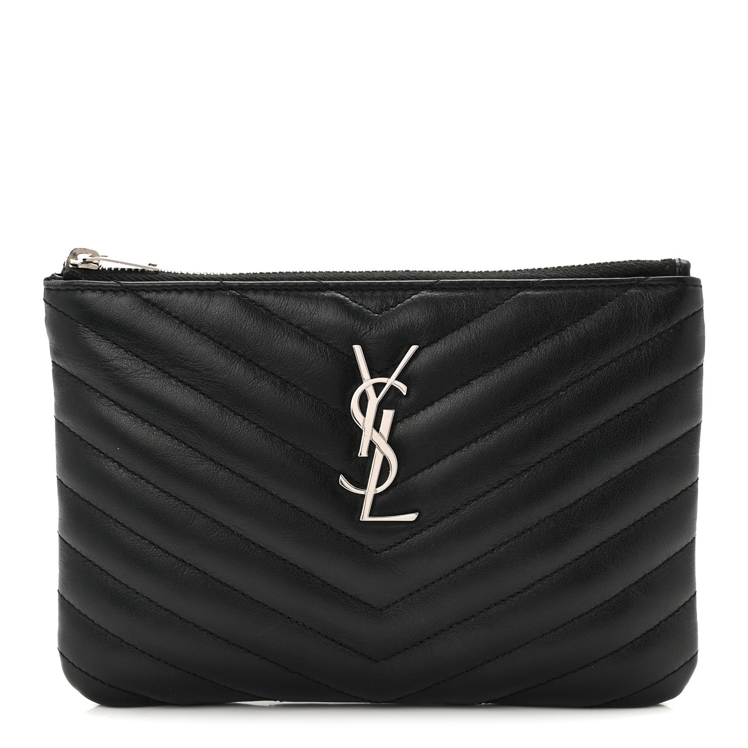 Saint Laurent Calfskin Matelasse Chevron Monogram Pouch Black 1 of 7