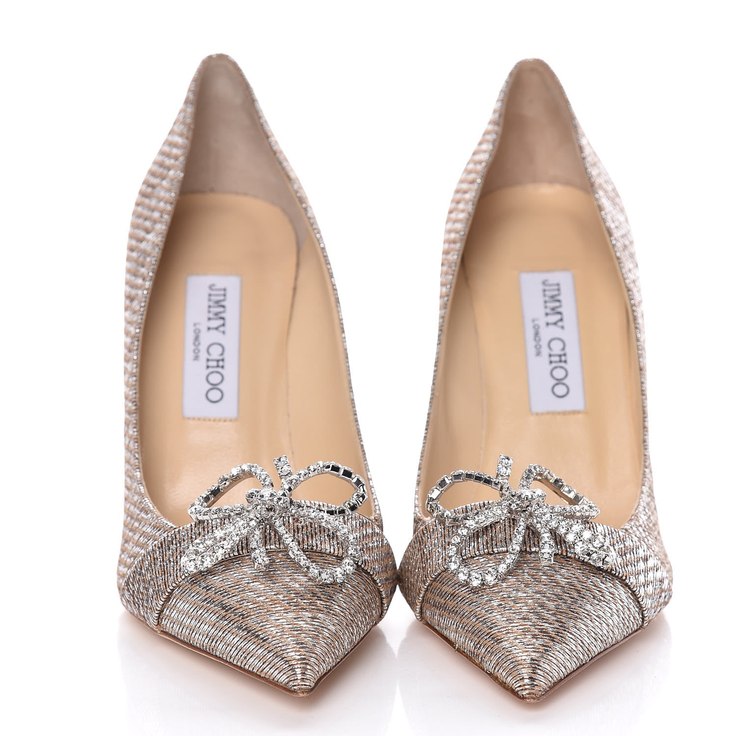 Jimmy Choo Metallic Lame Fabric Crystal Bow Veil 100 Pumps 36 Silver 2 of 9