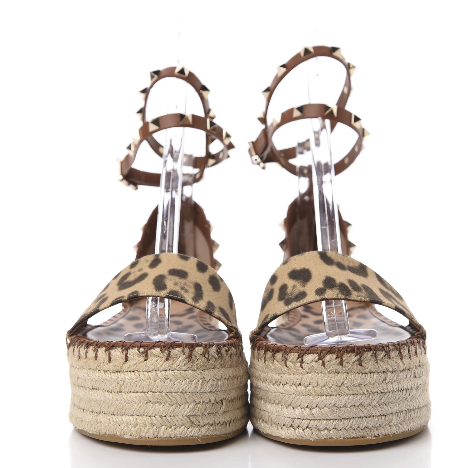 Valentino Garavani Canvas Leopard Print Rockstud Ankle Wrap Espadrille Flatform Sandals 39 Brown 3 of 10