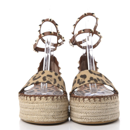 Valentino Garavani Canvas Leopard Print Rockstud Ankle Wrap Espadrille Flatform Sandals 39 Brown 3 of 10