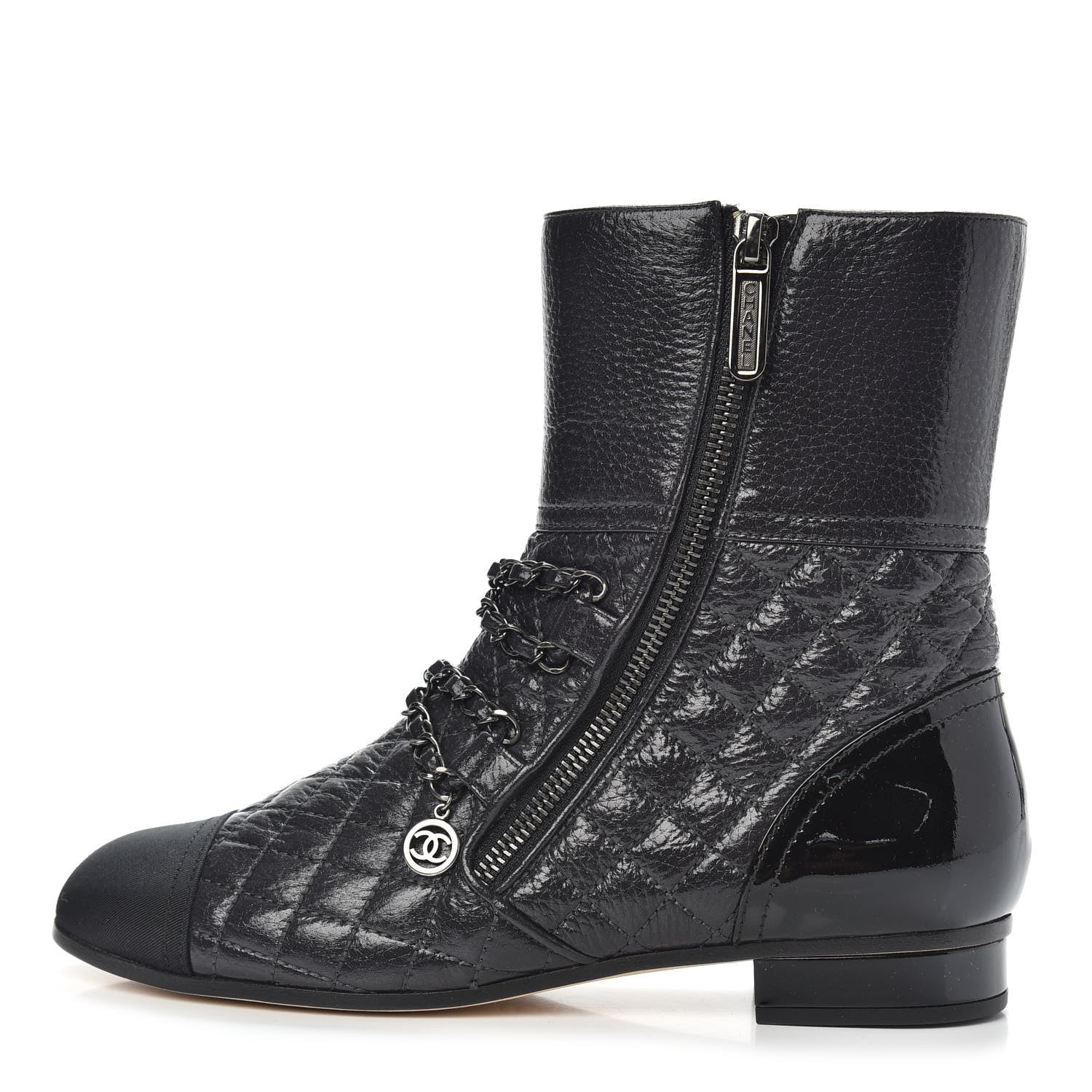 Chanel Calfskin Patent Grosgrain Quilted Cap Toe Chain Boots 37 Black 1 of 8