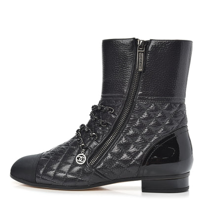 Chanel Calfskin Patent Grosgrain Quilted Cap Toe Chain Boots 37 Black 1 of 8