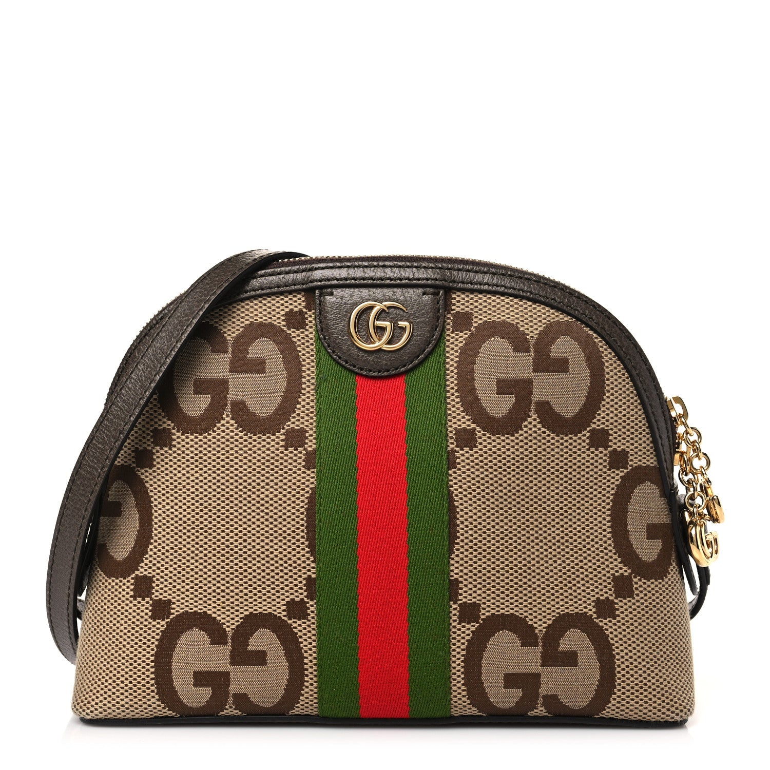 Gucci Monogram Jumbo GG Textured Dollar Calfskin Web Small Ophidia Dome Shoulder Bag Camel Ebony New Acero 1 of 9