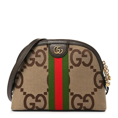 Gucci Monogram Jumbo GG Textured Dollar Calfskin Web Small Ophidia Dome Shoulder Bag Camel Ebony New Acero 1 of 9