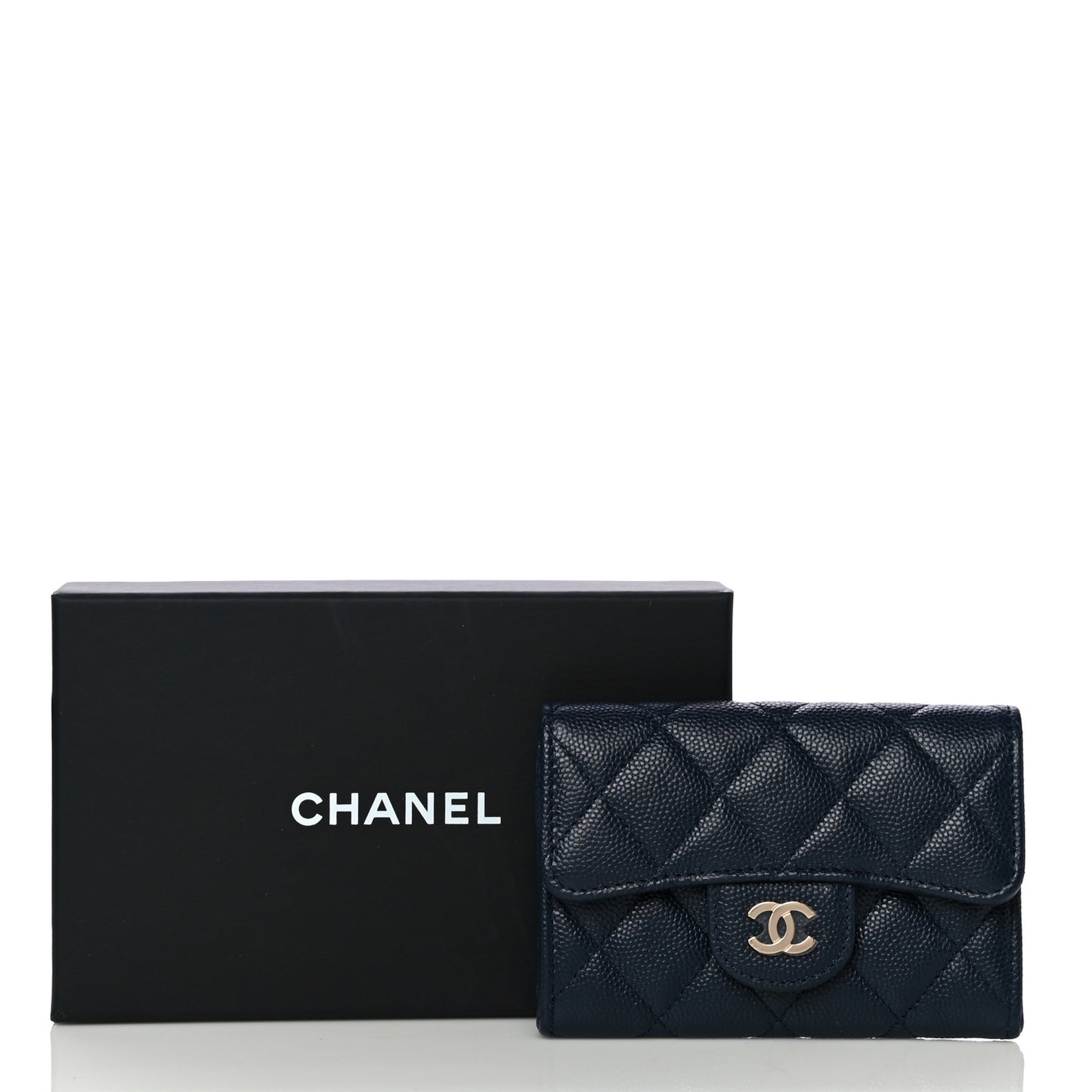 Caviar Quilted Flap Card Holder Wallet Navy Blue