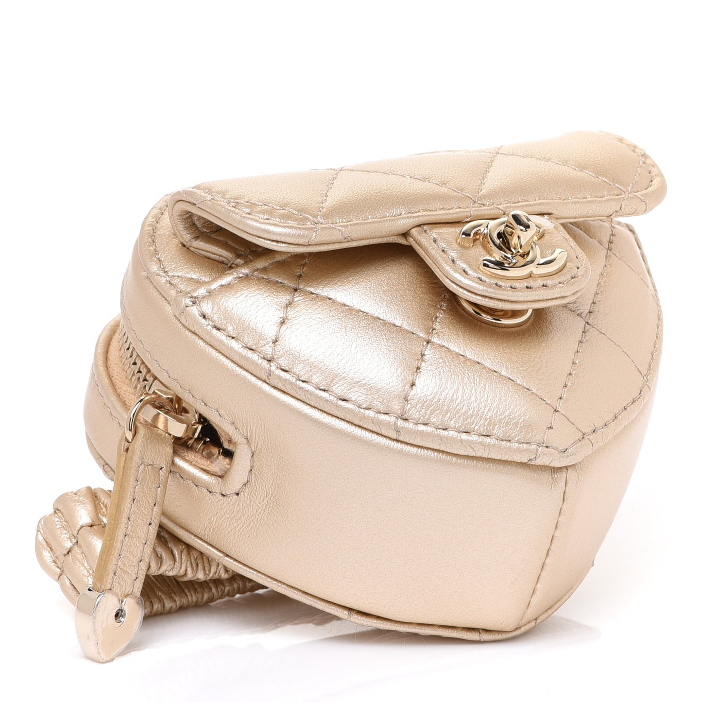Metallic Lambskin Quilted CC In Love Heart Zipped Arm Coin Purse Gold