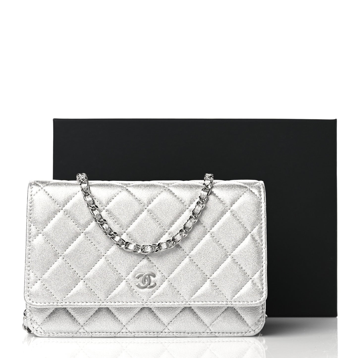 Metallic Lambskin Quilted Wallet On Chain WOC Silver