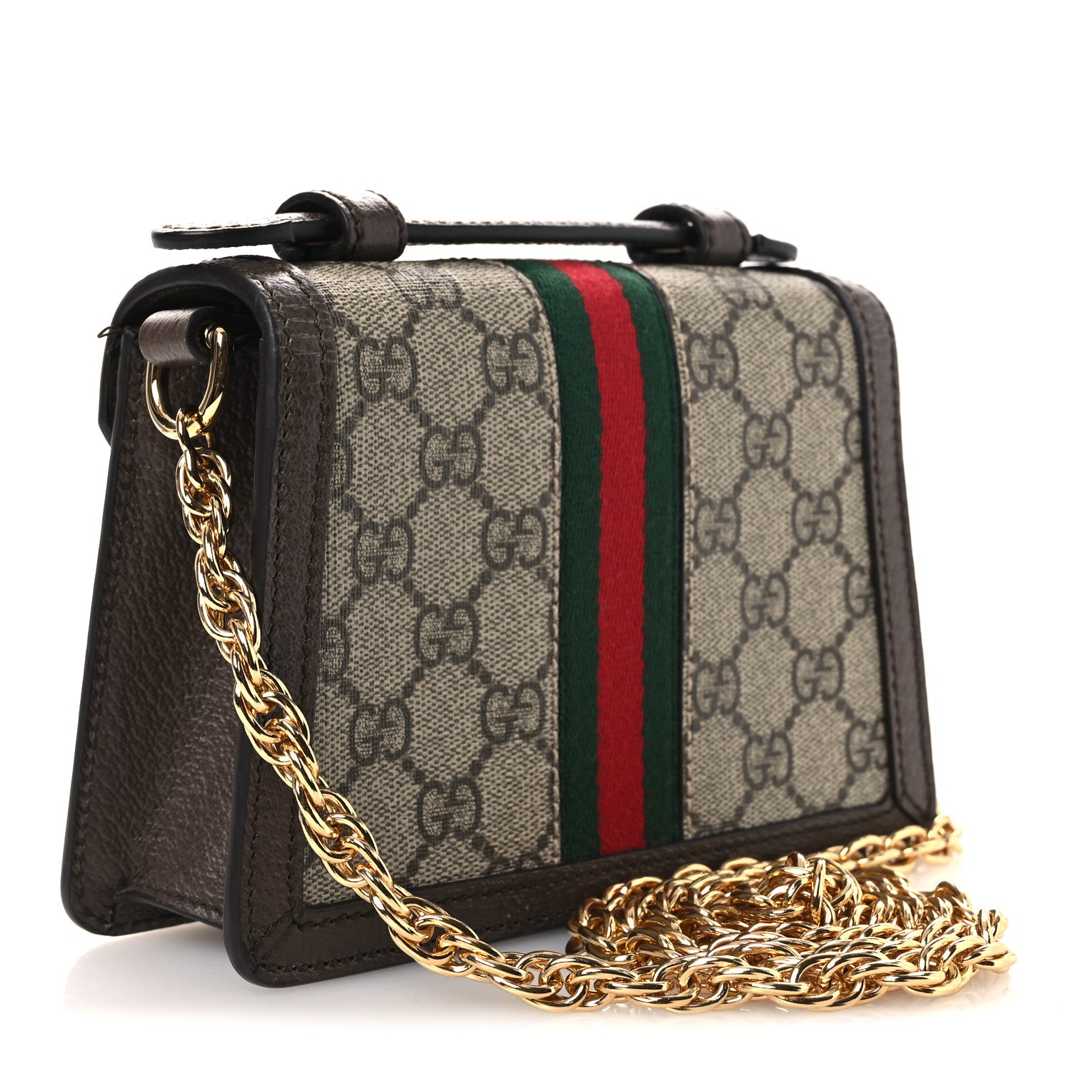 Gucci GG Supreme Monogram Textured Dollar Calfskin Web Mini Ophidia Padlock Top Handle Chain Shoulder Bag Beige Ebony New Acero 3 of 11