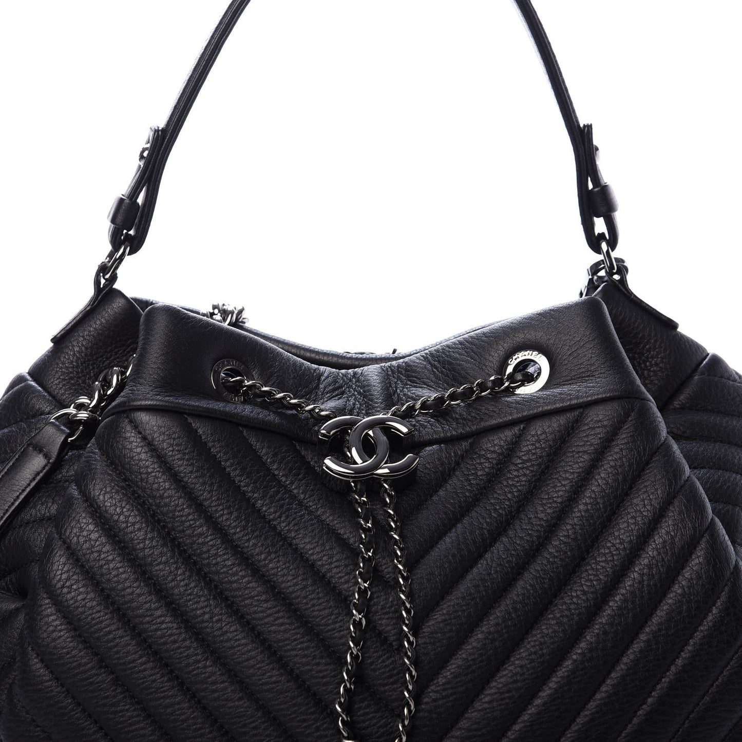Deerskin Chevron Large CC Chain Bucket Drawstring Bag Black