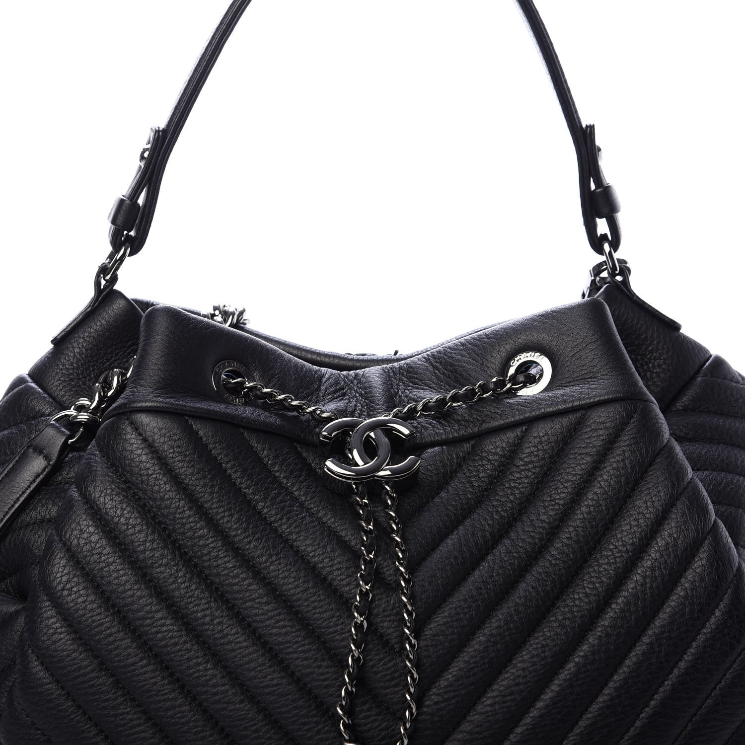 Chanel Deerskin Chevron Large CC Chain Bucket Drawstring Bag Black 12 of 12