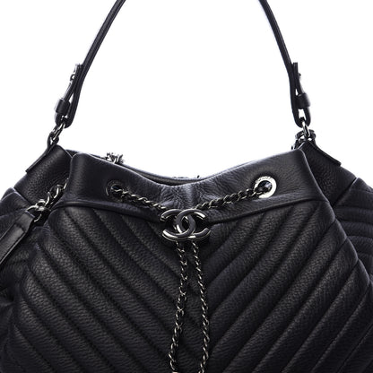 Chanel Deerskin Chevron Large CC Chain Bucket Drawstring Bag Black 12 of 12
