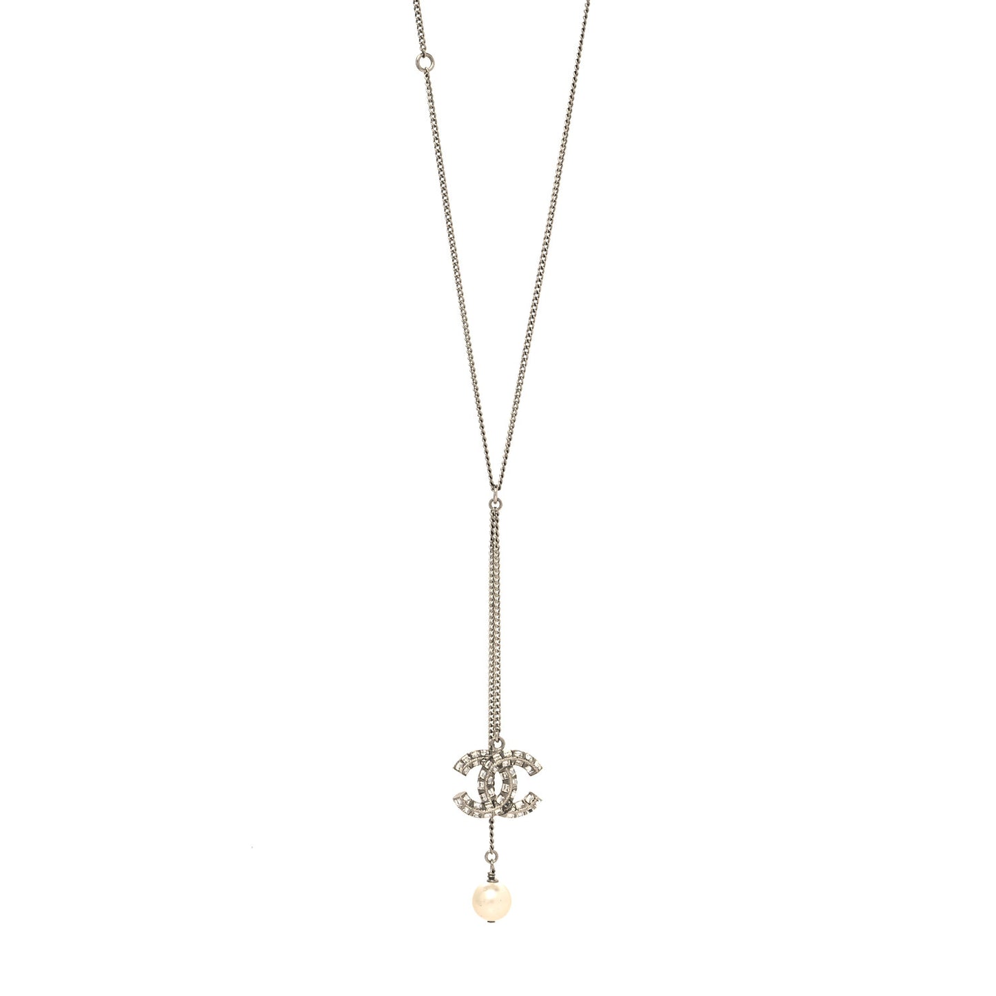 Baguette Crystal Pearl CC Lariat Necklace Silver