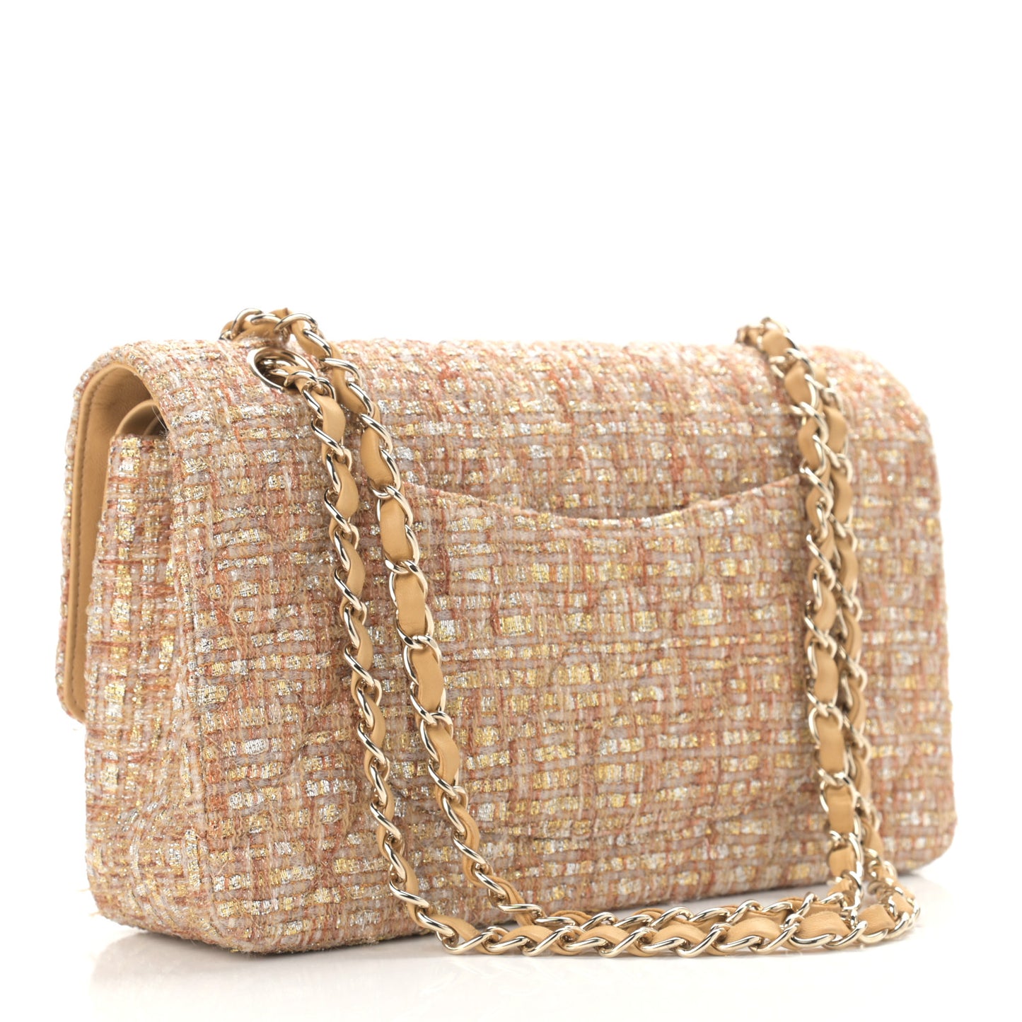 Tweed Quilted Medium Double Flap Beige Multicolor