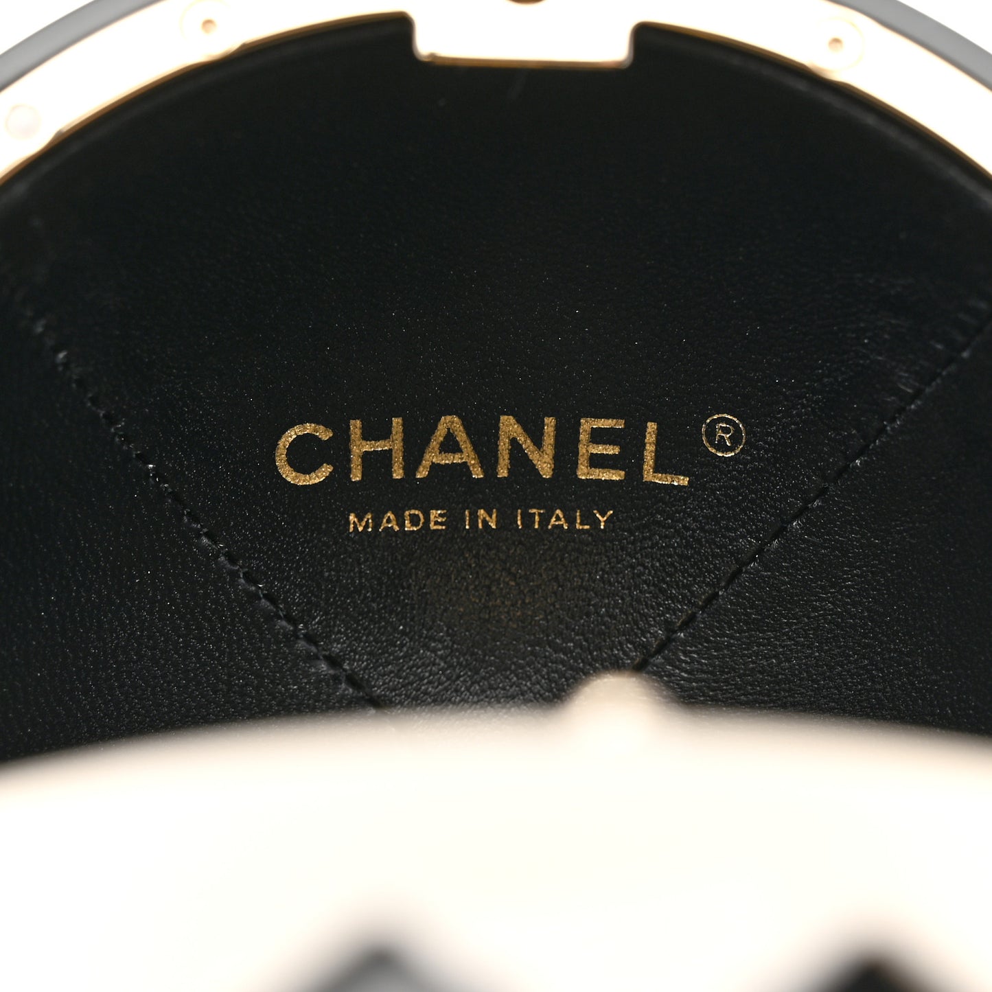 Resin Enamel CC Round Minaudiere Clutch Black White