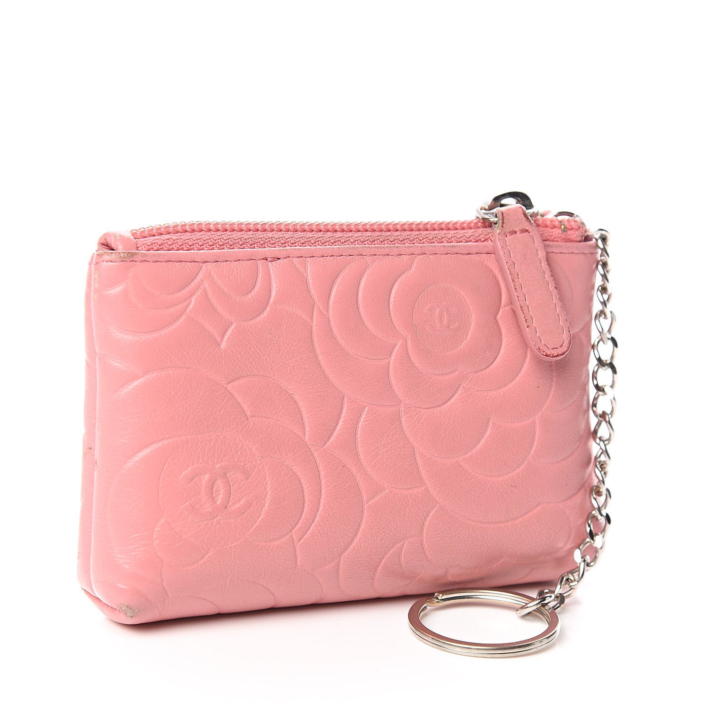 Lambskin Camellia Embossed Key Holder Case Pink