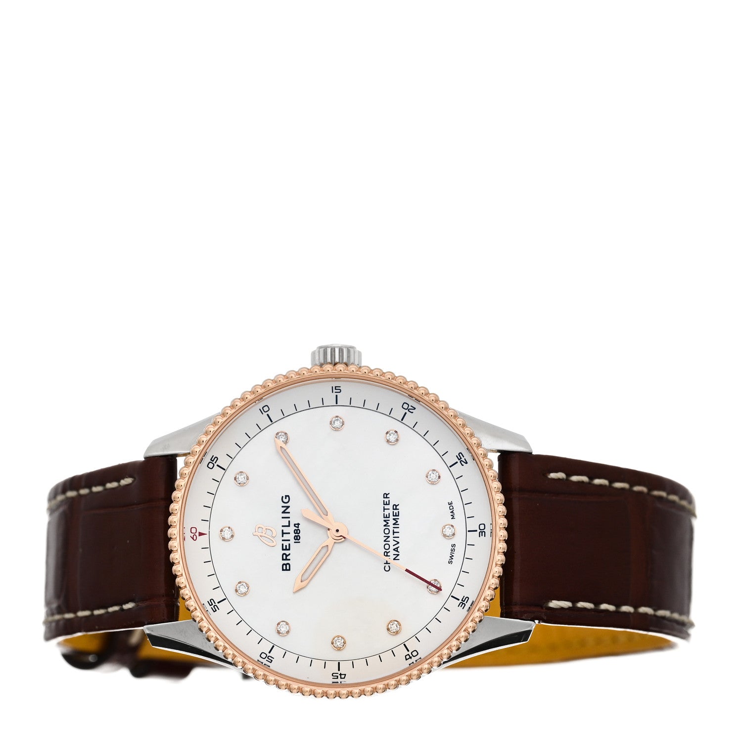 Breitling Stainless Steel 18K Rose Gold Alligator Diamond Mother of Pearl 32mm Navitimer Quartz Watch U77320 2 of 4