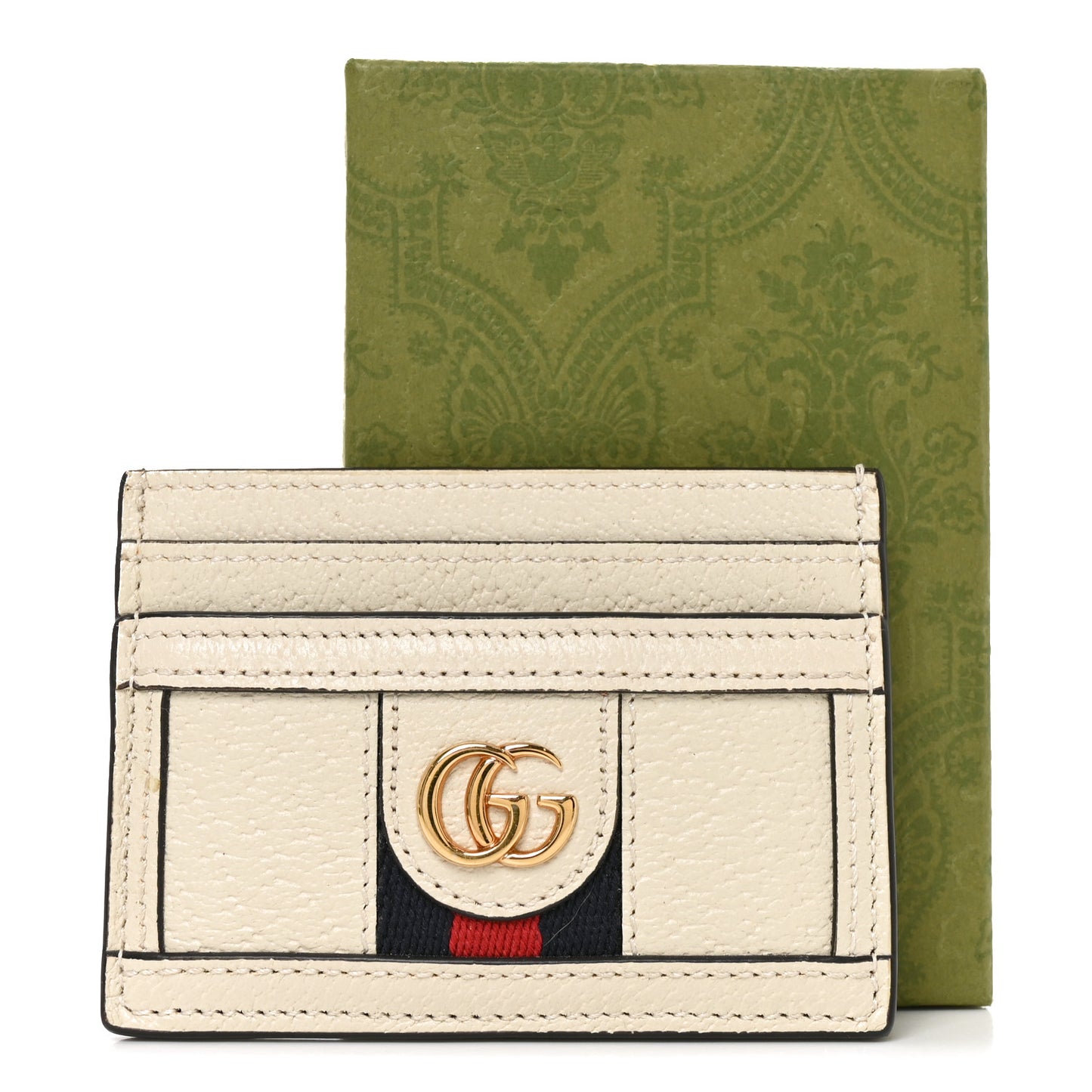 Textured Calfskin Web Ophidia Card Holder Mystic White