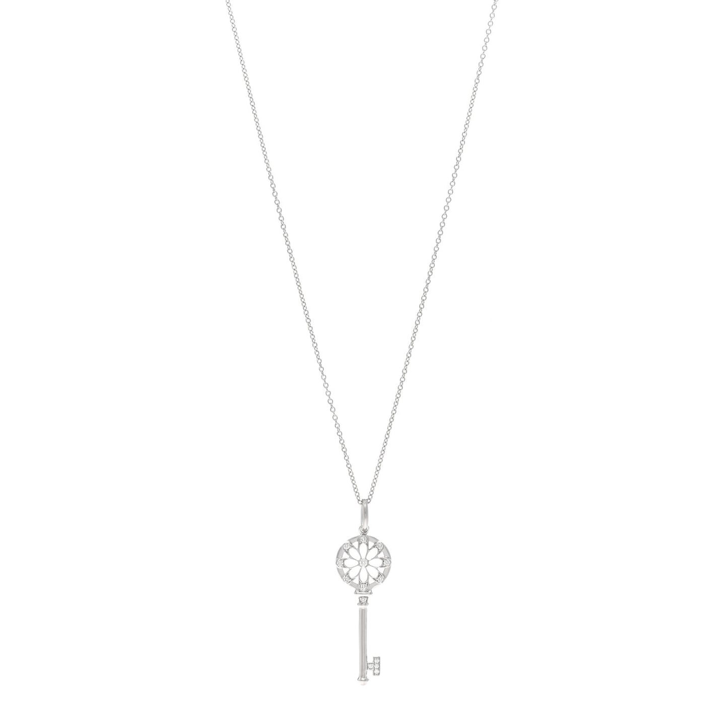 18K White Gold Diamond Floral Key Pendant Necklace