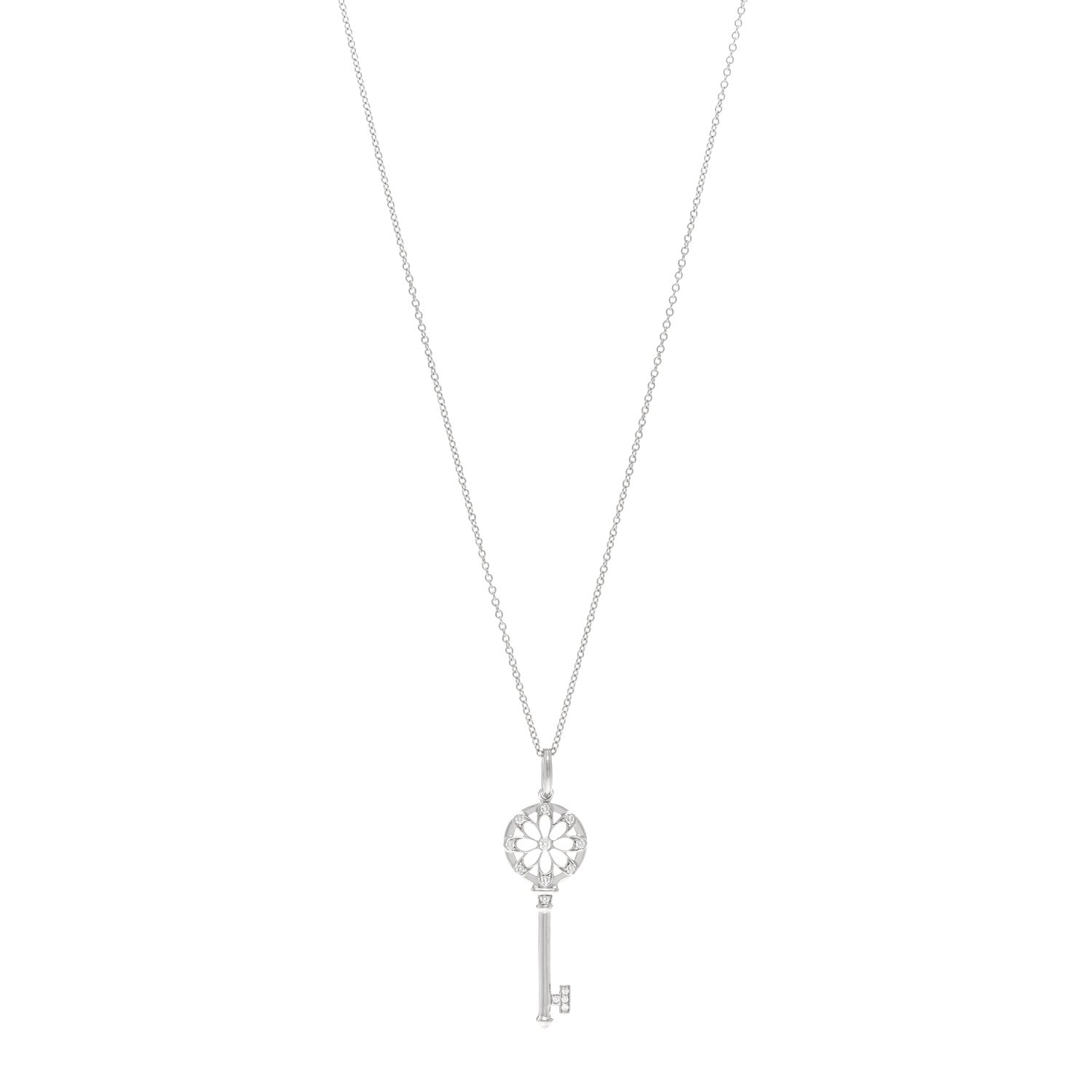 Tiffany 18K White Gold Diamond Floral Key Pendant Necklace 1 of 5