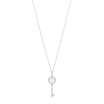 Tiffany 18K White Gold Diamond Floral Key Pendant Necklace 1 of 5