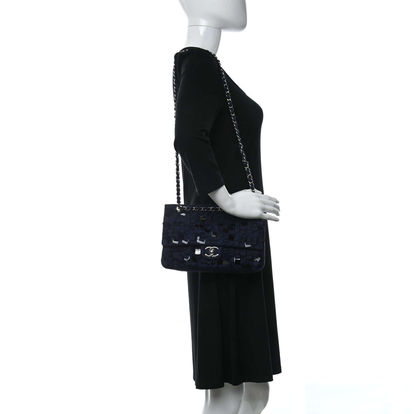 Satin Paillette Sequin Quilted Medium Single Flap Navy