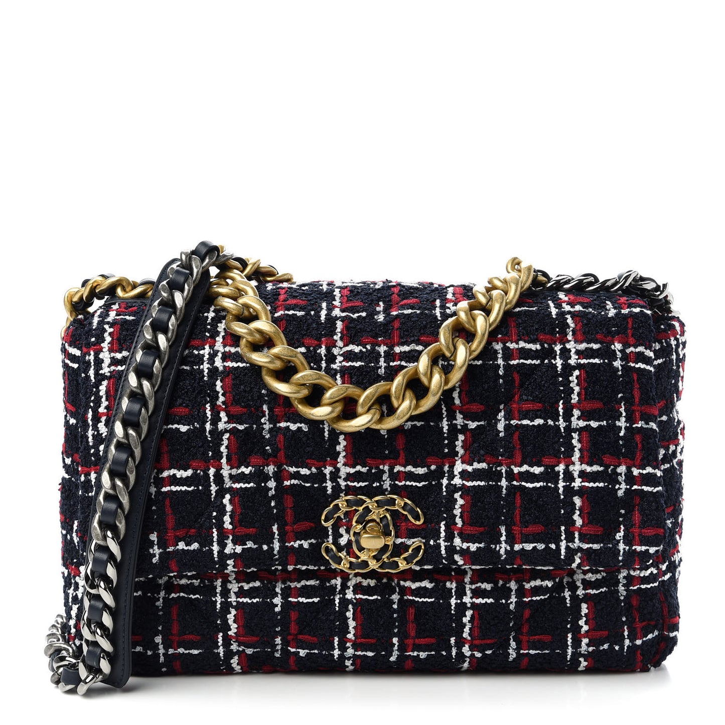 Tweed Quilted Large Chanel 19 Flap Navy Blue White Red